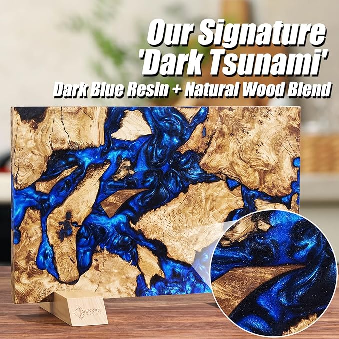 SENKEN "Dark Tsunami" Extra Large Magnetic Knife Block - Holds Up to 16 Knives - Knife Block without Knives, Beautiful Dark Blue Resin & Burl Wood Blend Knife Holder ("Dark Tsunami " Blue Resin Blend)