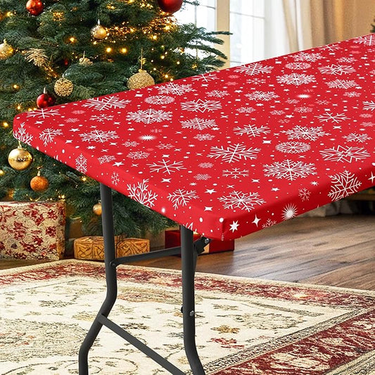 homing Rectangle Table Cloth Cover, Waterproof Polyester Elastic Fitted Tablecloth, Fits for 8 Foot Folding Tables, Washable Table Protector for Christmas, Holiday, Party (Snowflakes, 30" x 96")