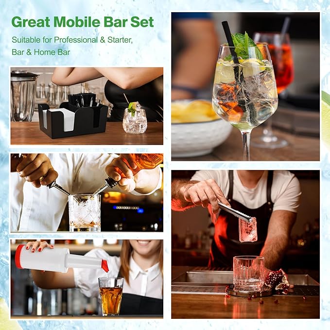 Bartending Supplies - 18" x 12" Bar Mat Garnish Tray with Lid Bar Caddy 3 Tier Bar Glass Rimmer, 2 Plastic Juice Pour Bottles 3 Mini Tongs 12 Classic Liquor Bottle Pourers 500 Cocktail Straws(Black)