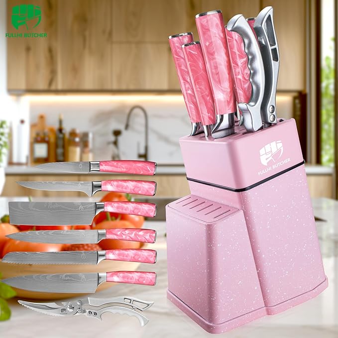 FULLHI 8pcs block Knife Set,chef's Knves Set with Block and Sharpener, Kitchen Knife Set,Multi-colour Handle, Gifts for Men Women
