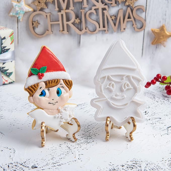 Flycalf Christmas Cookie Cutters Elf Shapes with Plunger Stamps Holiday PLA Baking Accessories Cutter Molds Gifts Decorative Party 3" Kitchen Cake Supplies