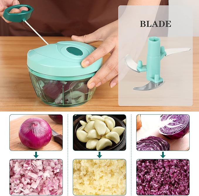 Cambom Manual Food Chopper Vegetable Cutter, Hand String Vegetable Chopper Onions Cutter for Vegetable Fruits Nuts BPA Free Food Safe Material, 550ml Blue