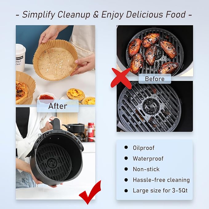 100PCS Air Fryer Disposable Paper Liners Fit 3-5QT Non-Stick Air Fryer Parchment Paper Air Frying Roasting Microwave Basket Oil-proof Resistant Baking Parchment Paper Thick (Round, 6.5inch)