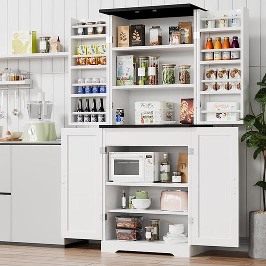 Vongrasig Kitchen Pantry Storage Cabinet with Barn Doors, Drawer and Adjustable Shelves, 6-Tier Tall Rustic Wood Cupboard Locker for Kitchen, Dining Room, Living Room, Bathroom, (White)