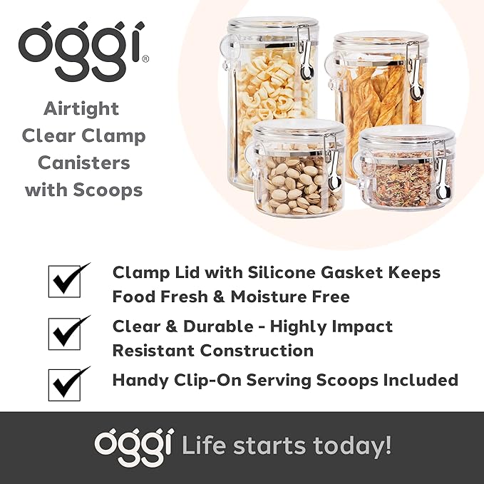 Oggi 4pc Clear Canister Set with Clamp Lids Airtight Containers in Sizes Ideal for Kitchen & Pantry Storage of Bulk, Dry Foods Including Flour, Sugar, Coffee, Rice, Tea, Spices & Herbs (Pack of 3)