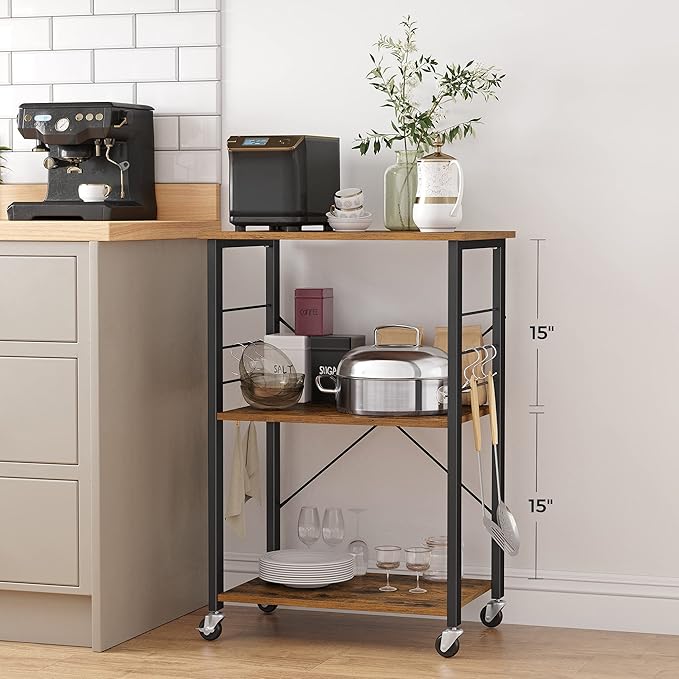 VASAGLE Kitchen Shelf on Wheels, Serving Cart with 3 Shelves, Kitchen Cart, Microwave Shelf, for Mini Oven, Toaster, with 6 Hooks, Industrial Style, Rustic Brown and Black UKKS60XV1