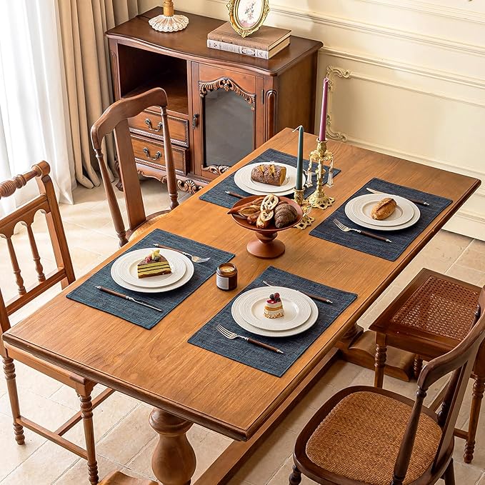 KXN Placemats Set of 4, Dual-Layer Thickened Faux Linen Table Mats, Heat Resistant & Wrinkle-Free, Machine Washable Cloth Place Mats for Kitchen Dining Indoor Outdoor (Dark Grey)