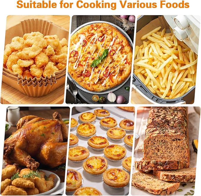 200Pcs Air Fryer Paper Liners, 8 Inch Square Disposable Paper Liner, Non-stick Parchment Paper for Frying Baking Roasting Microwave Oven