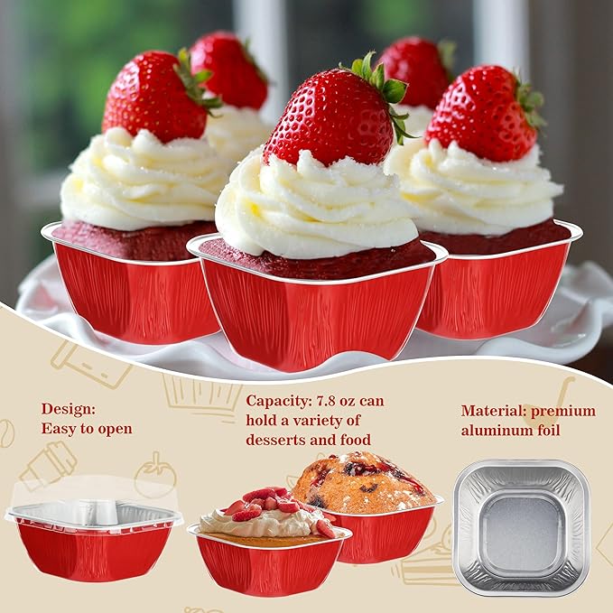 30PCS Mini Cake Tins With Lids - 7.8OZ Aluminum Foil Baking Cups for Individual Cakes, Bundt Pans for Baking Party, Red
