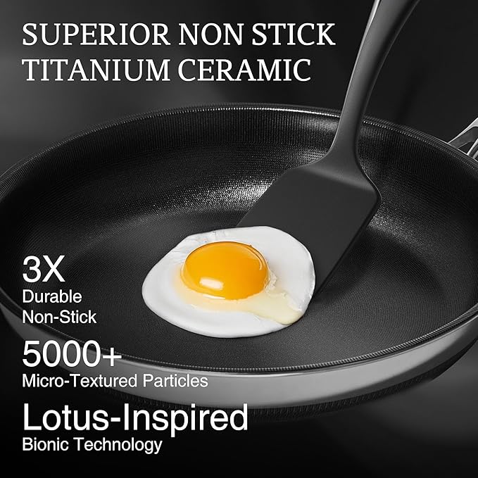 KITEXPERT Non Stick Frying Pans with Lid, 10" Titanium Ceramic Pan Nonstick Stainless Steel Skillet, PFAS PFOA & PTFE Free, Quick-Cool Handle, Dishwasher & Oven Safe, Compatible with All Cooktops