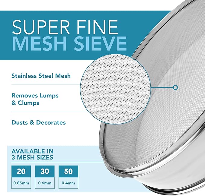 Stainless Steel Flour Sifter Fine Mesh Round Flour Sieve for Baking 9.5" Diameter x 2.5" High; 30 Mesh (Hole Size 0.6mm)