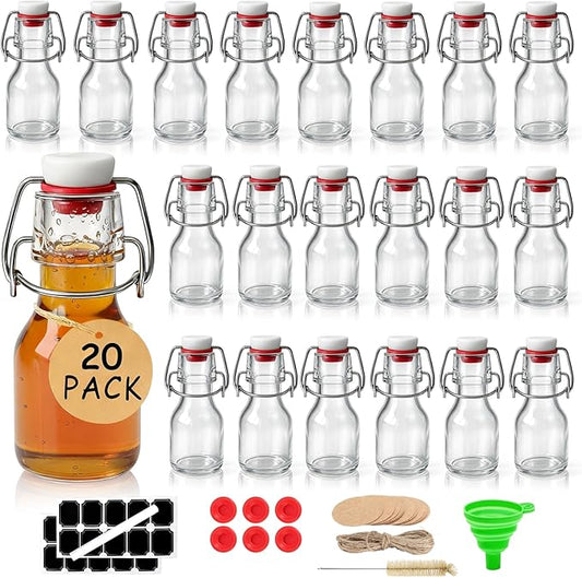 Ruckae 20 Pack 2oz Swing Top Glass Bottles,Flip Top Glass Bottle with Lids Sealable Kombucha Bottle for Brew Beer Syrup Vanilla Extract Air Tight Bottles for Gift (2 oz 20 pack)