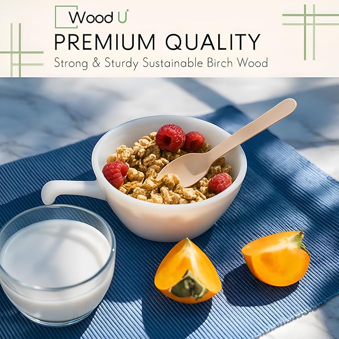 Disposable Wooden Spoons by WoodU | 100% All-Natural, Eco-Friendly, Biodegradable, and Compostable - Pack of 200-6.5" Spoon