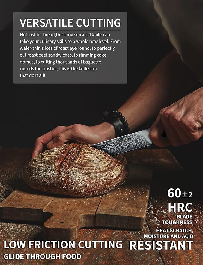 8” Bread Knife Serrated Kitchen Chef Knife - Damascus Steel & Resin Handle - Xuan Series (Jade Green)