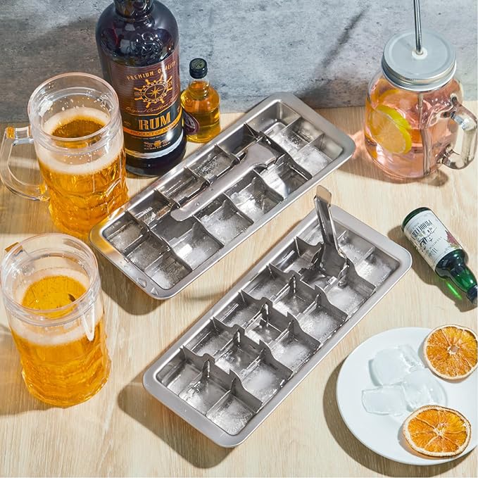 2 Pcs 18 Slot Stainless Steel Ice Cube Maker and Tray Ice Cube Tray for Bars Kitchens Levers Remove Cubes Easy Removal Metal Food Grade Freezer Molds for Food Juice Dishwasher Safe