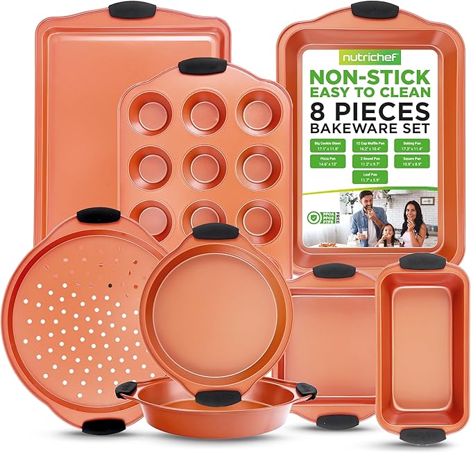 NutriChef 8 Piece Baking Pans Set - Nonstick Carbon Steel Bakeware Set w/ Silicone Heat-Safe Handles - Includes Loaf Pan, Muffin Pan, Cookie Sheets, Pizza Crisper, Roasting Pans - Rose Gold