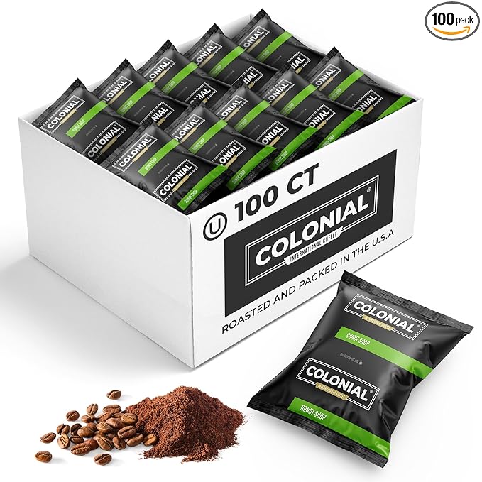 Colonial Coffee 100 Count Single Pot Coffee Packets – 100% Arabica Donut Shop Blend Medium Roast | Pre-Measured Frac Packs for 12 Cup Maker | Bulk Ground Gourmet Coffee for Home & Office