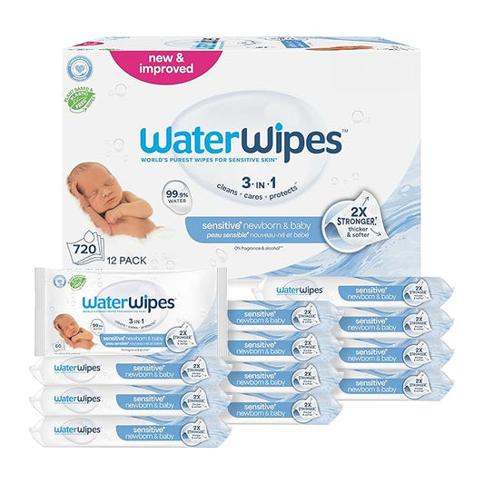 WaterWipes Sensitive+ Newborn & Baby Wipes, 3-In-1 Cleans, Cares, Protects, 99.9% Water, Unscented & Hypoallergenic, 720 Count (12 Packs)