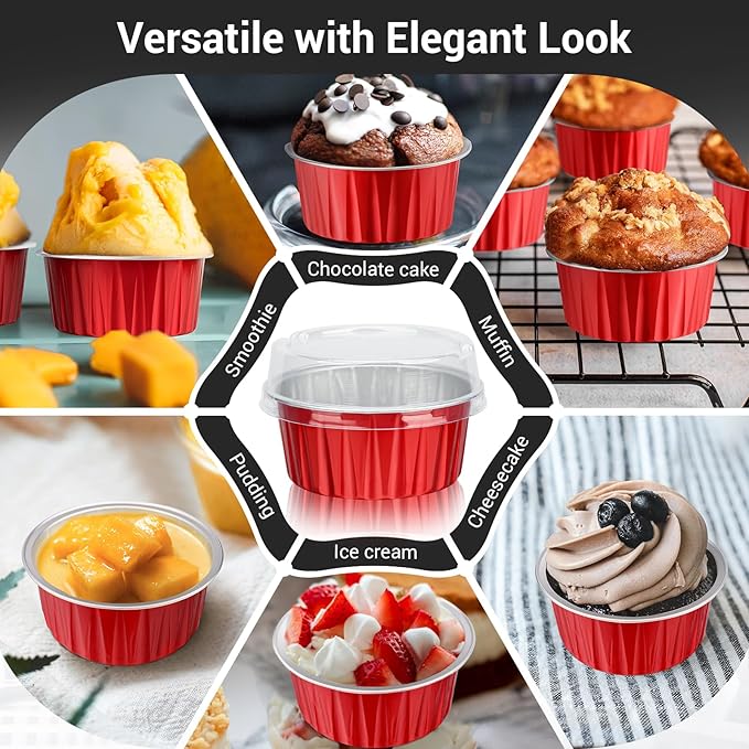EUSOAR Aluminum Foil Muffin Cupcake Ramekin, 50pcs 5oz 125ml Disposable Aluminum Foil Muffin Cupcake Liners Cups with Lids, Disposable Aluminum Foil Cupcake Baking Cups Holders Cases Boxes Pans