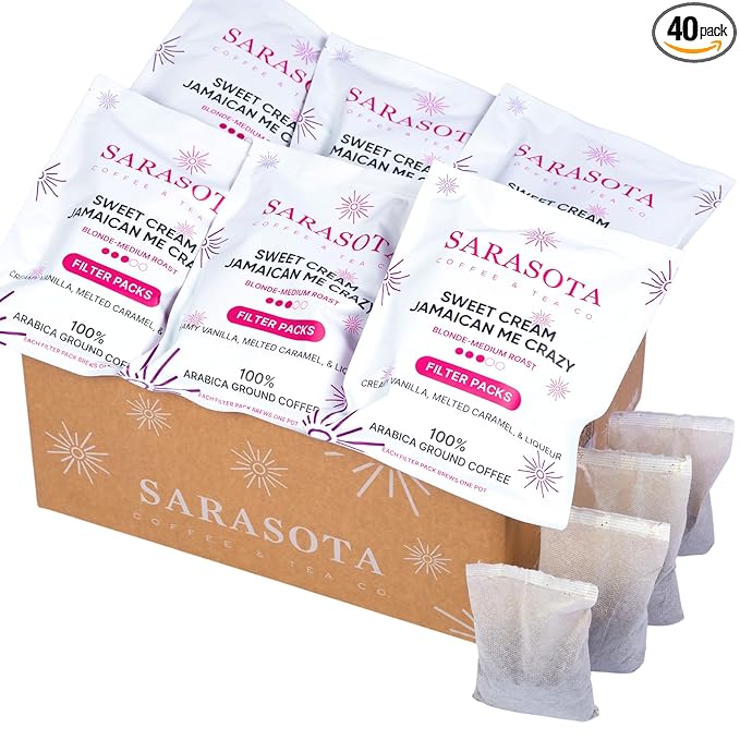 Ground Flavored Coffee In Filter Packs | Sweet Cream Jamaican Me Crazy | Medium Roast Low Acid Mold Free Pouches | Highest Rated Gourmet Bulk Individual Premeasured Packets for 10-12 Cup Drip Maker