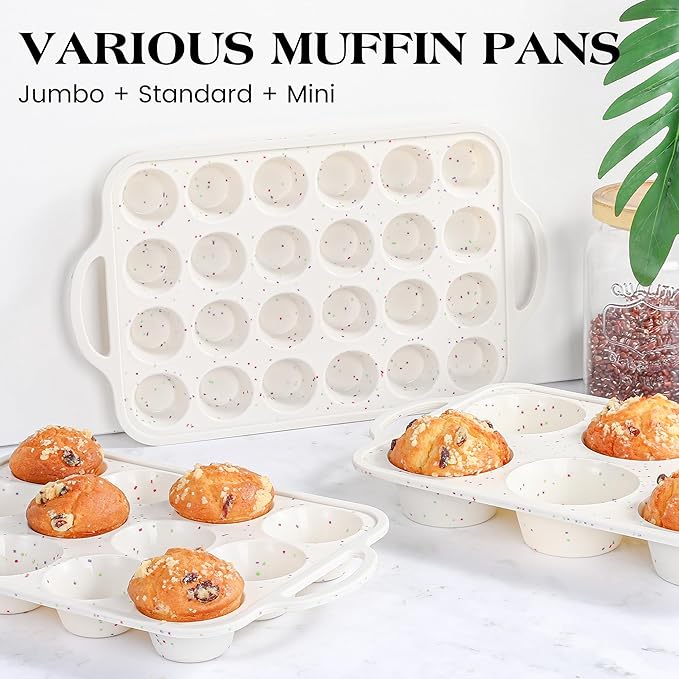 2 Pcs Mini Muffin Pans with Metal Reinforced Frame, 24 Cups Nonstick Silicone Cupcake Tray for Baking, Food Grade Small Muffin Molds with Handles (Cream)