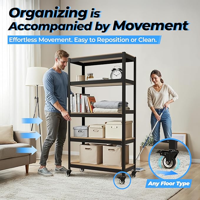 HOMEDANT House 5-Tier Metal Rolling Cart Shelf Rack Casters Heavy Duty Laminated Wheel Shelving Unit Adjustable Utility Storage Shelves Organizer Shelf Kitchen Garage 24.4" W x 16.5" D x 62.2" H 4Pack