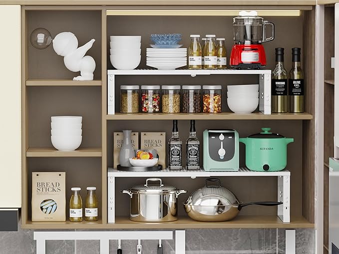 Adjustable Expanable Stackable Spice Rack Shelf Pantry Storage Organizer for Kitchen Cabinet,Countertop,Bathroom and More.Space is no Longer Limited(1Pack/White/Large)
