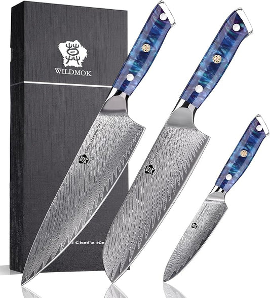 WILDMOK Kitchen Knife Set, 3 Piece Damascus Steel Professional Chef Knife Set with Ultra Sharp Blade & Resin Handle -Kitchen Knife Set 3 Pcs