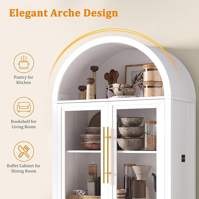 Arched Kitchen Pantry Cabinet with Glass Doors, Display Curio Case with 3 Color LED Lights for Collectibles, Modern 5-Tier Storage Hutch Cabinet for Kitchen, Dining Room, White
