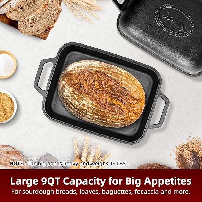 Davivy 9QT Pre-Seasoned Dutch Oven for Sourdough Bread, Non-stick Cast Iron Sourdough Bread Loaf Baking Pan, Large Capacity Cast Iron Loaf Pan, with Silicone Oven Mitts
