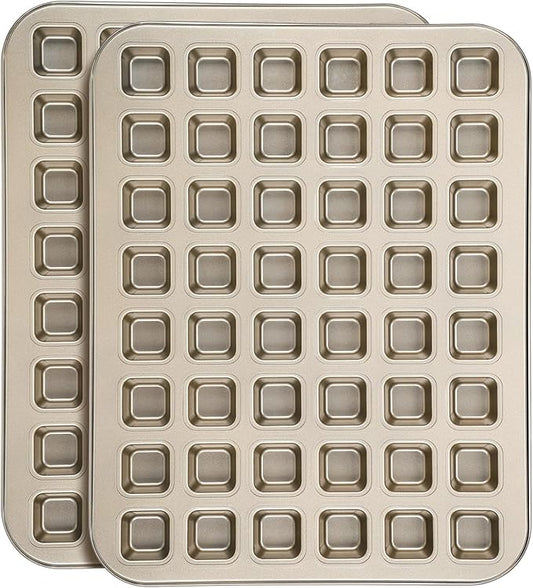 Beasea Square Mini Brownie Bite Pan, 2 Pack 48 Mini Small Tiny Cup All Edges Non Stick Square Cupcake Baking Sheet Tin Tray Carbon Steel Bakeware Individual Muffin Baking Pan - Gold