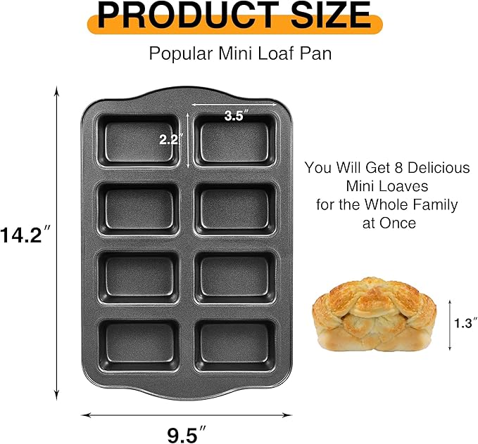 HONGBAKE Mini Loaf Baking Pans, Nonstick Small Cornbread Pan, Tiny Banana Bread Pan, Heavy Duty Carbon Steel Brownie Tin, 8-Cavity, Dark Grey