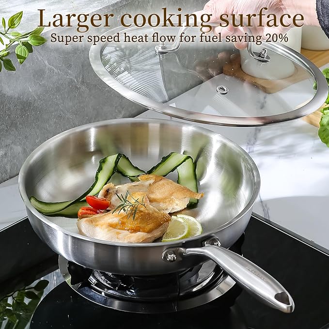 DELARLO Stainless Steel Pan丨10 Inch Skillet with Lid丨Oven Safe Up to 600℉丨Triply Stainless Steel Cookware丨Stainless Steel Pan 10 in丨Induction Compatible丨Fast Even Heat丨Large Cooking Surface