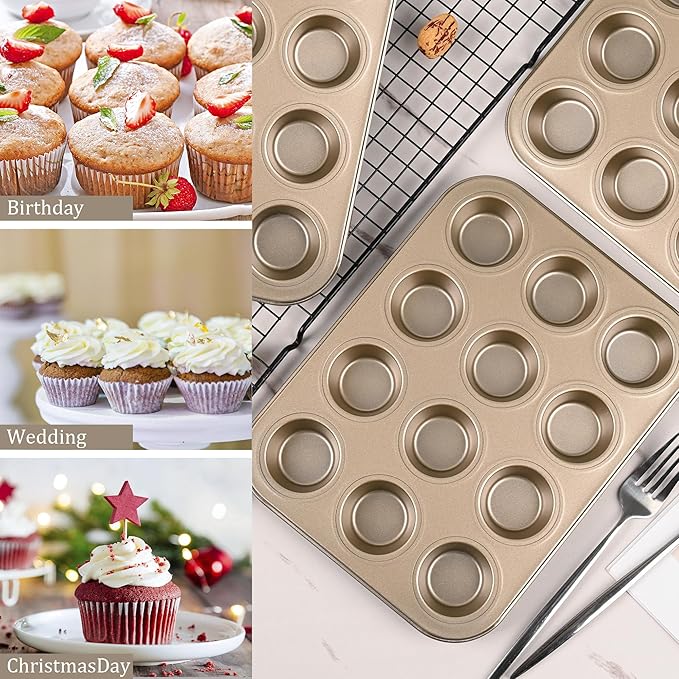 Mini Muffin Pan 2-Pack, Premium Small Cupcake Pans, Carbon Steel 12-Cup Muffin Tin, Versatile Non-Stick Bakeware