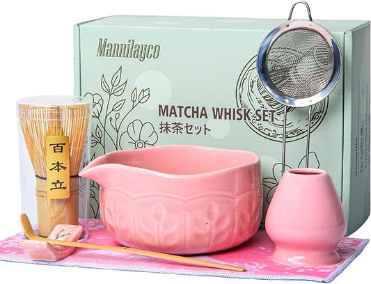Matcha Whisk Bowl Set, 7PCS All-in-One Japanese Tea Set Includes Matcha Bowl with Spout, Bamboo Whisk (Chasen) with Stand, Scoop, Sifter, Complete Kit for Ceremony, Gift for Matcha Tea Lovers（Pink)