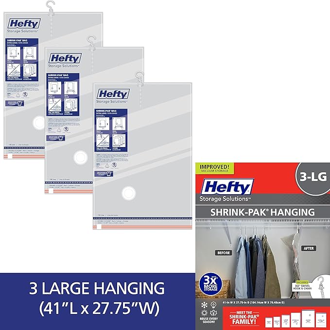 Hefty Shrink-Pak Vacuum Storage Bags - Space Saver for Under Bed Storage, Clothing and Comforters, 3X More Storage Space - 3 Large Hanging Bags