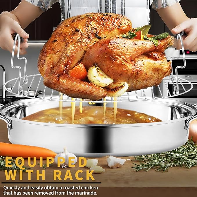 JY COOKMENT 22" Large Roasting Pan with Rack and Lid,Oval Turkey Roaster Pan for oven,Stainless Steel Roasting Pan with rack,Best Gift for Mother or Father.