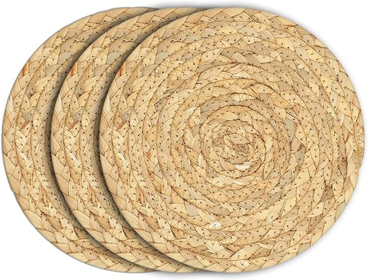 Boho Trivets for Hot Dishes, Pots and Pans, Farmhouse Water Hyacinth Hot Pads 8 Inch, Straw Pot Holders for Kitchen, Rustic Braided Heat Resistant Mat, Jute Coasters Set Wicker Decor (Natural 3 Pcs)