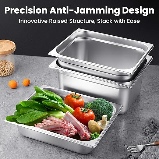 Full Size Hotel Pans 4 Inch Deep Stainless Steel Food Pan - Anti-Jam 6 Pack Steam Table Pan Set for Catering, Buffet Use, Kitchen Prep