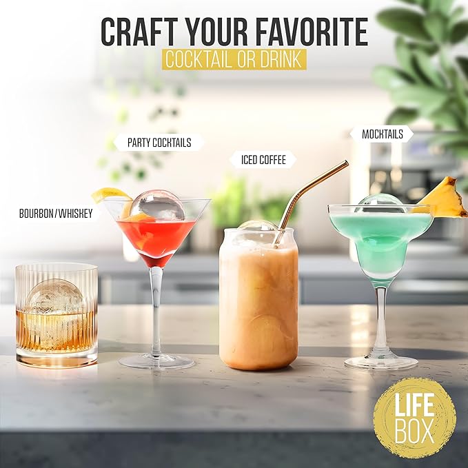 LifeBox 6 Ice Ball Maker Mold - Sphere Ice Mold Makes 6 Crystal Clear Ice Balls - Whiskey Ice Cubes Mold Includes Ice Storage Bag & 4 Whiskey Stones - Round Ice Cube Mold Makes Ice Cube Balls
