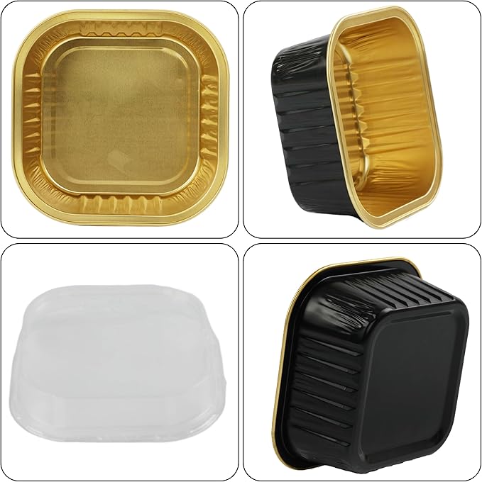 Foil Baking Cups, 30pcs 10oz Mini Cake Pans With Lids Cake Cups Aluminum Pans Disposable Ramekins With Lids Mini Cake Pans, Black Gold, HG01AP300BKX30
