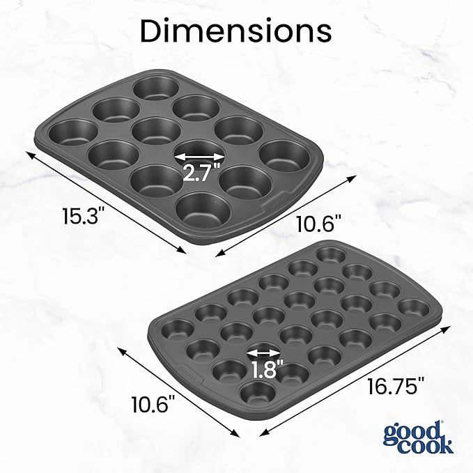 GoodCook Set of 2 Everyday Nonstick 12 cup standard and 24 cup mini Muffin Pan, Gray