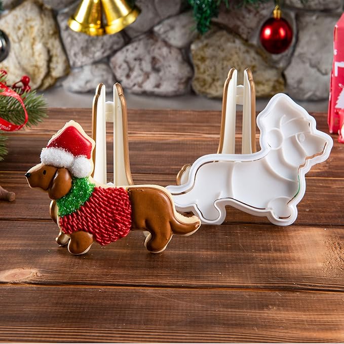 Flycalf Christmas Cookie Cutters Dachshund Shapes with 3D Stamper Fall Holiday PLA Baking Accessories Cutter Molds Gifts for Kids Decorative Party 3" Kitchen Cake Supplies