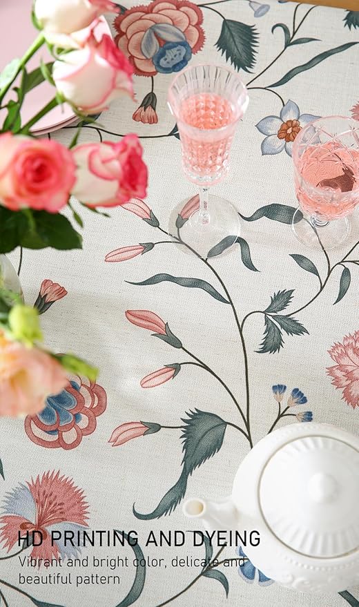 ISAENNE Designer Chinoiserie Linen Floral Extra Long Tablecloth Rectangle,White Wrinkle Resistant Table Cloth,Elegant Decor Tablecloths for Dining Thanksgiving Kitchen Party,63"*110"-Daffy