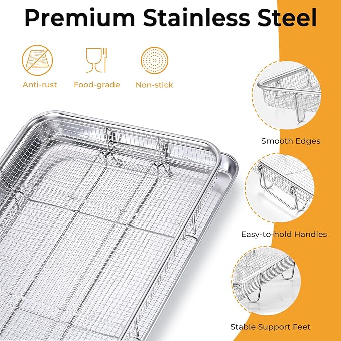 P&P CHEF 16 Inch Baking Cookie Sheet with Rack, 15.4 Inch Air Fryer Basket for Oven, Stackable Rack & 36 Skewers for Cooling, Baking, Roasting, Multifunctional and Utility Set for Kitchen