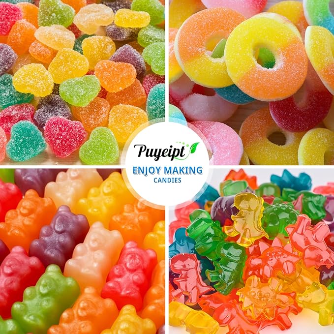 4 PCS Silicone Gummy Candy Molds, 201 Cavities Non-Stick Mini Size Gummy Bear, Dinosaur, Heart and Donut Molds with 2 Droppers for Small Hard Candies, Jello, Chocolates