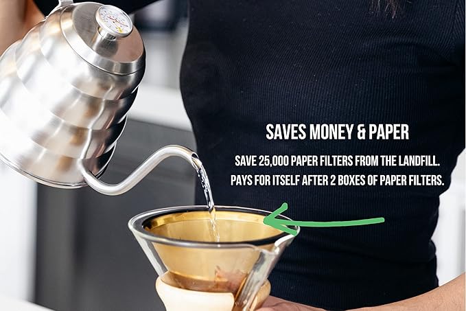 Barista Warrior Compatible with Hario V60 Pour Over Coffee Filters - Reusable Stainless Steel - Best Coffee Maker and Bar Accessories (Gold Titanium Coated)