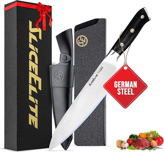 SliceElite Slice Series 8 Inch Chef Knife High Carbon German Steel Blade Pakkawood Handle Dual Sheath Sharp Cooking Knife for Meat Cleaver BBQ Kitchen Knife for Slicing Chopping Cutting Carving Tool