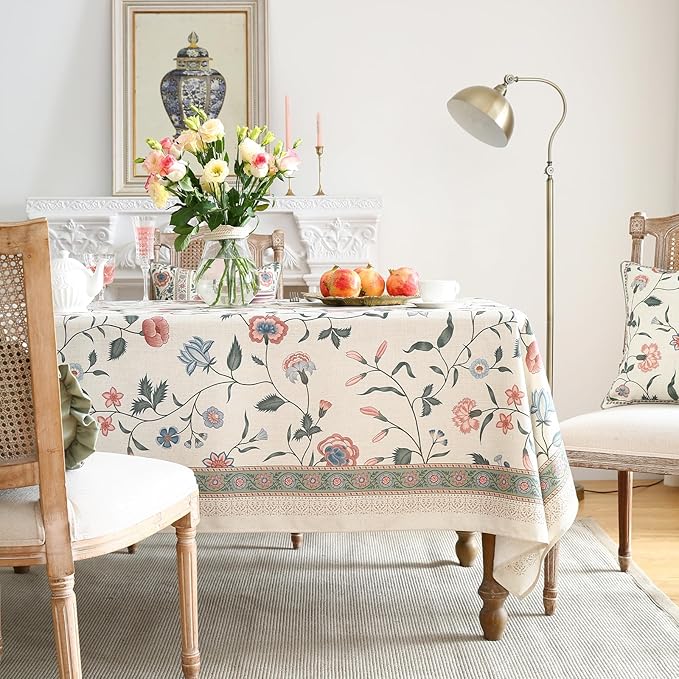 ISAENNE Designer Chinoiserie Linen Floral Small Rectangular Tablecloth,White Wrinkle Resistant Table Cloth,Elegant Decor Tablecloths for Dining Thanksgiving Kitchen Party,55"*71"-Daffy