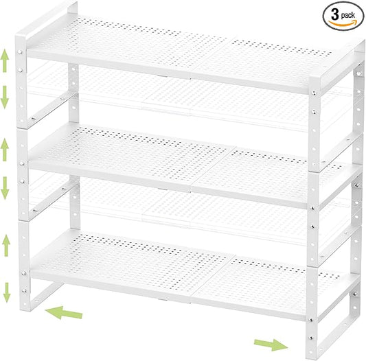 Expandable Stackable Aadjustable Shoe Rack Pantry Shelf for Kitchen Cabinets Counter Shelves Countertop Cupboard Storage Solution,Sturdy Heavy-Duty Metal Construction(3Packs/White/Large)